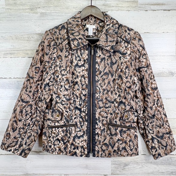 Chicos Queen of Elegance Margaret Faux Fur Jacket Sz 1/US 8 M Brown Blk Full Zip - Picture 1 of 15